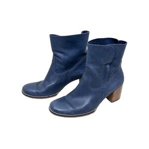 Fatte A Mano Italia Womens 38 Blue Leather Ankle Boots Block Heel Side Zip Boho
